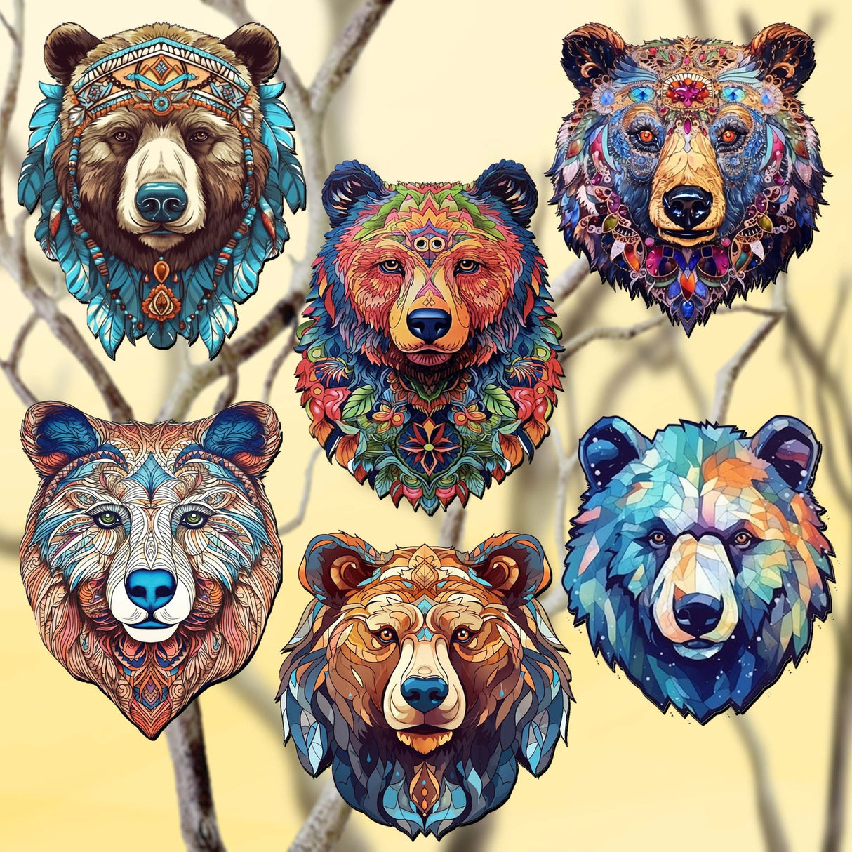 Mystical Bears Decorative Wooden Clip-on Ornaments Set of 6 by G. Debrekht - Wildlife Decor - 8090120C-S6