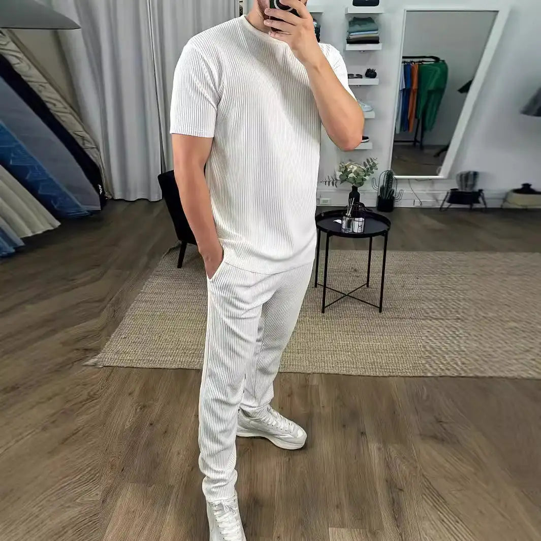 European And American Slim Fit Round Neck Pullover Short Sleeve Trousers Two-piece Set - Lootquake