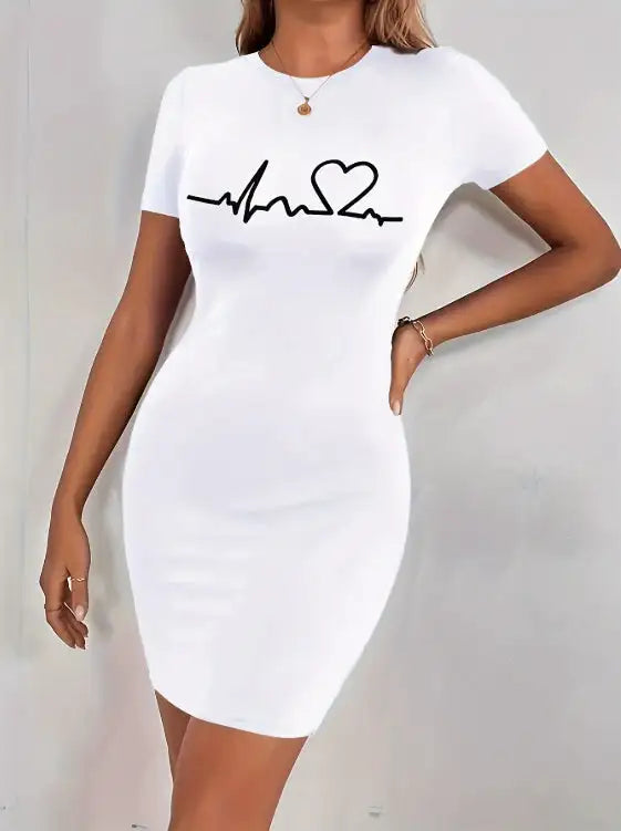 Ladies' Round Neck Solid Color Letter Printed Fashionable Dress - Lootquake