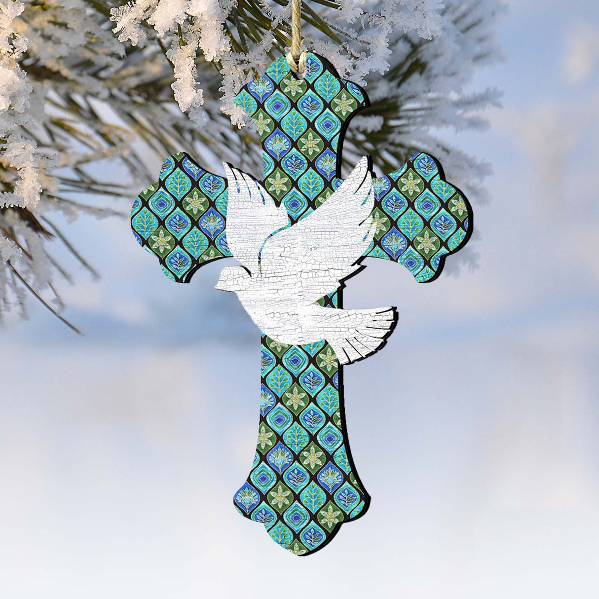 White Doves Cross Wooden Ornaments by G. DeBrekht - Nativity Holiday Decor - 8191163-2