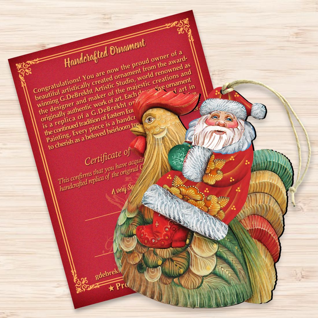 Adornos de madera de gallo de Papá Noel de G. DeBrekht - Decoración navideña de muñeco de nieve de Papá Noel - 8111340