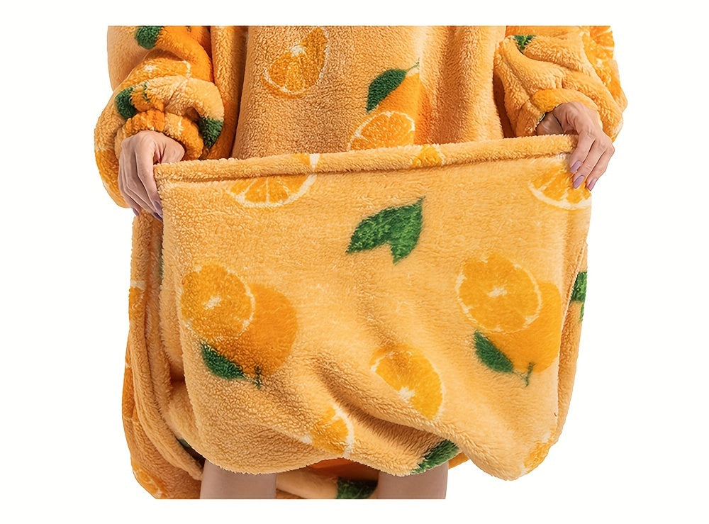 Plus Size Pumpkin Print Flannel Blanket Hoodie - Soft, Cozy, Plush, Hooded, Winter Outwear for Women with Halloween Theme
