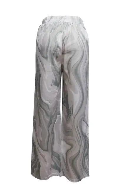 Ladies' Contrasting Printed Waist Strap Details, Loose Pleated Casual Style Wide Leg Pants - Lootquake