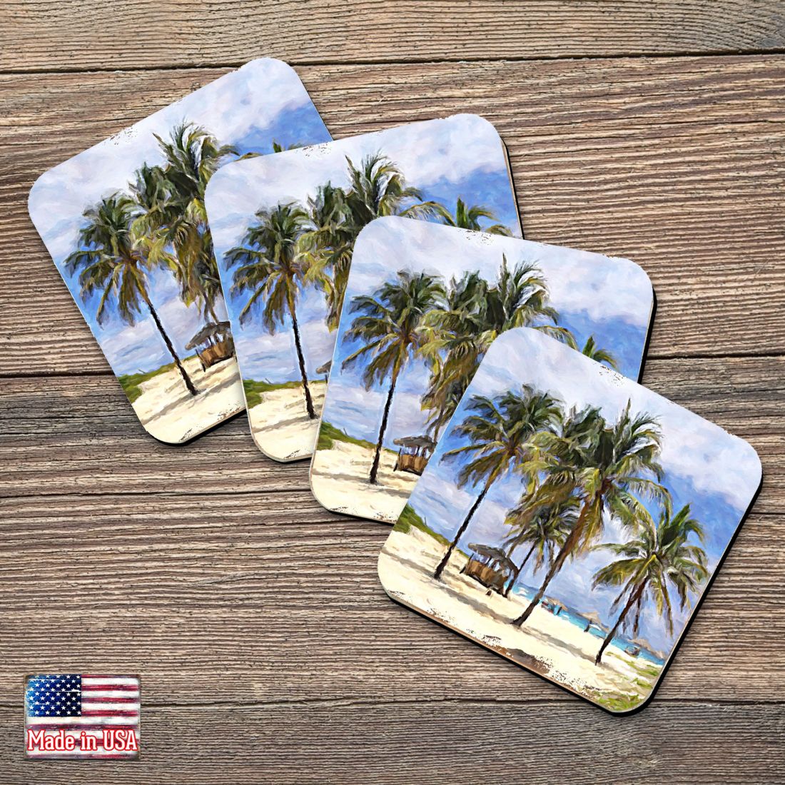 Palm Trees Beach Coastal Wooden Cork Coasters Gift Set of 4 by Nature Wonders - Coastal Sea-Life Decor - 95258C-S4