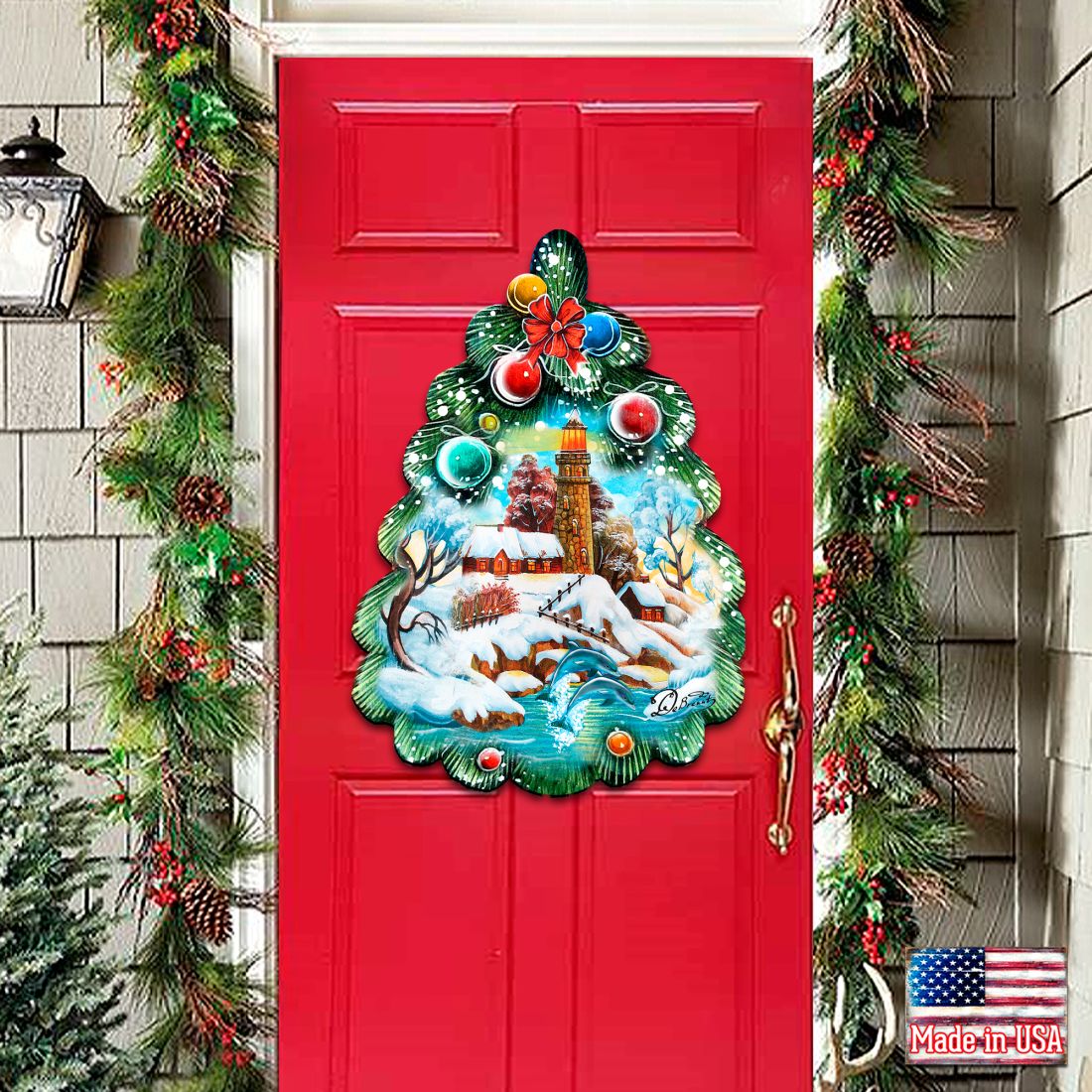 Lighthouse Tree Christmas Door Decor by G. DeBrekht - Coastal Holiday Decor - 8119185H