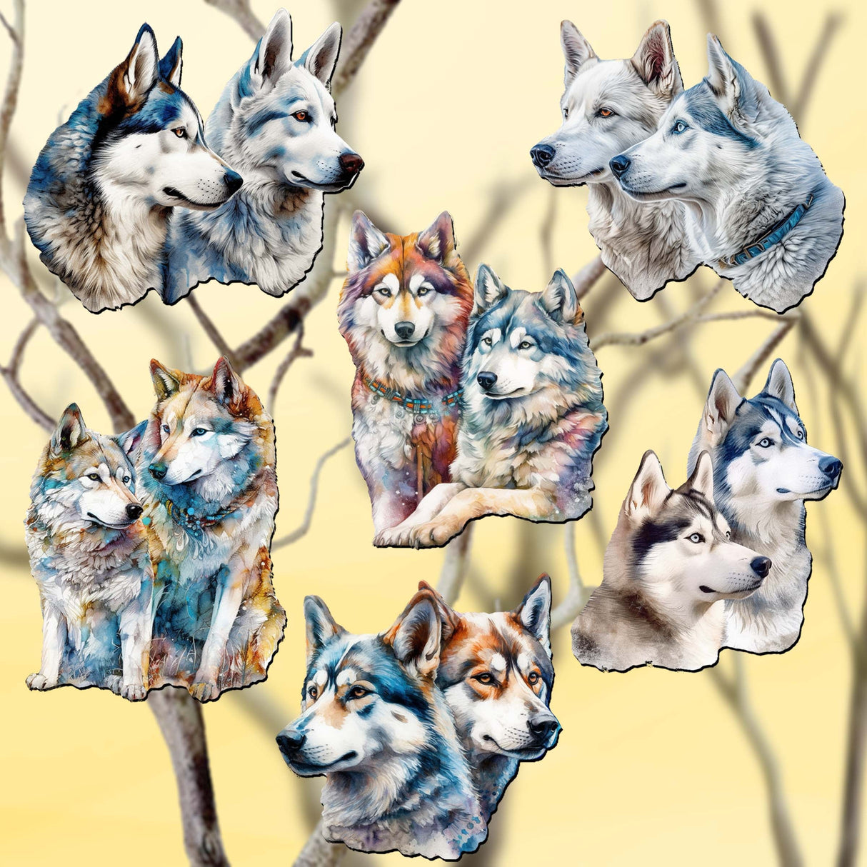 Adornos decorativos de madera con clip "The Graceful Huskies", juego de 6, de G. Debrekht - Decoración de vida silvestre - 8090115C-S6