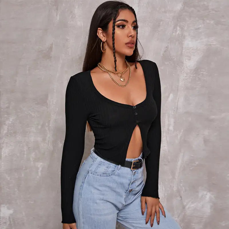 Long Sleeved Crop Cardigan Top Sexy Button Knit T-shirt - Lootquake