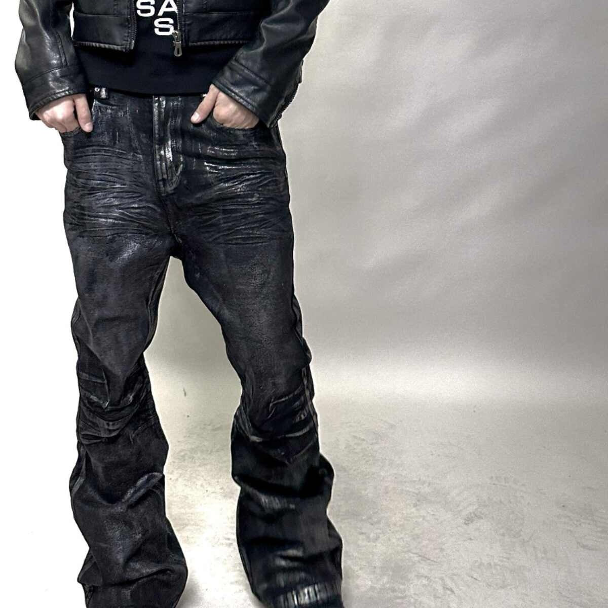 Two-color Bronzing Brush Wax Wash Distressed Micro-elastic Horn Jeans For Men - Lootquake