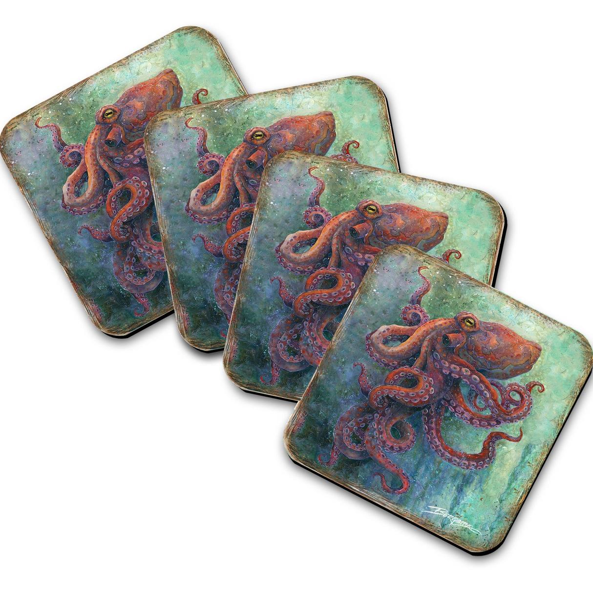 Octopus Wooden Cork Coasters Gift Set of 4 by J. Bergsma - Coastal Decor - 8199459C-S4