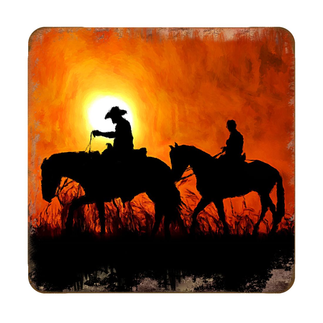 Cowboy Sunset Ride Wooden Cork Coasters Gift Set of 4 by Nature Wonders - Nature Wildlife Decor - 95230C-S4