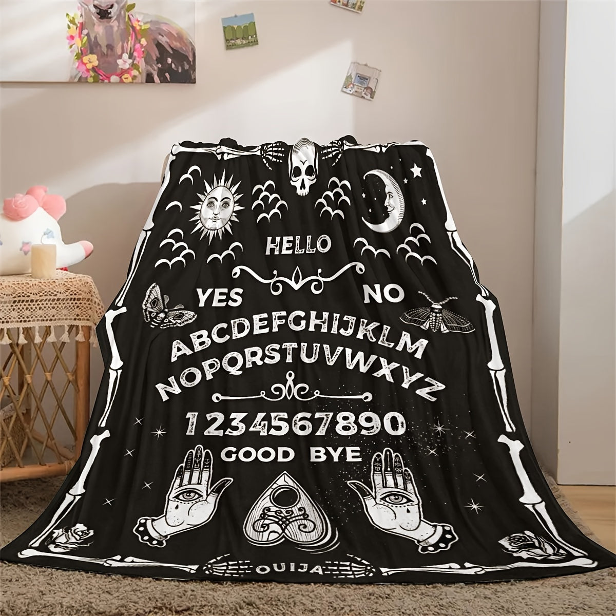 1pc Halloween Blanket Black Gothic Spooky Goth Palmistry Witchy Boho Sun Moon Star Horror Skull Cool Mysterious Throw Blanket For Living Room & Bedroom, Home Decor, Travel