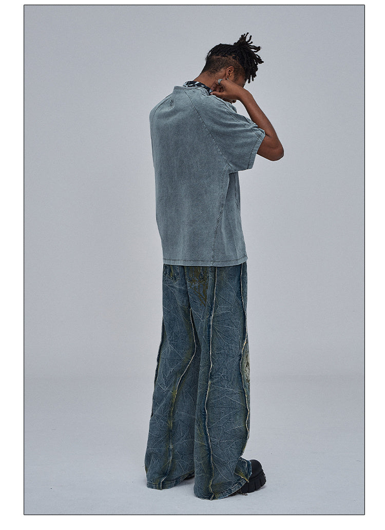 American Street Dirtyfit Heavy Industry Washed Distressed Wide Leg Jeans Design Sense - Lootquake