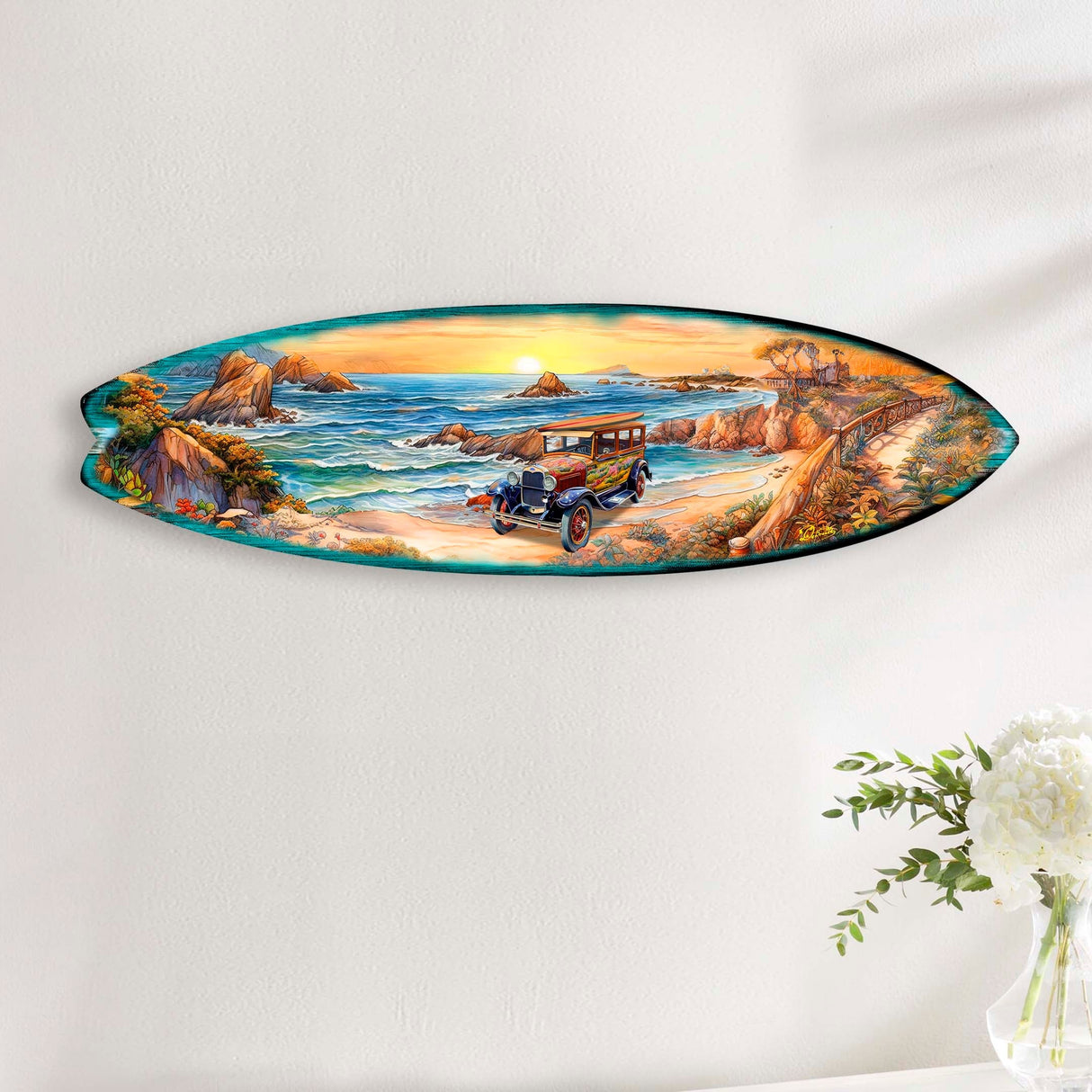 Tabla de surf al amanecer en la playa, arte mural costero de G. DeBrekht - Decoración navideña costera - 8490124HS