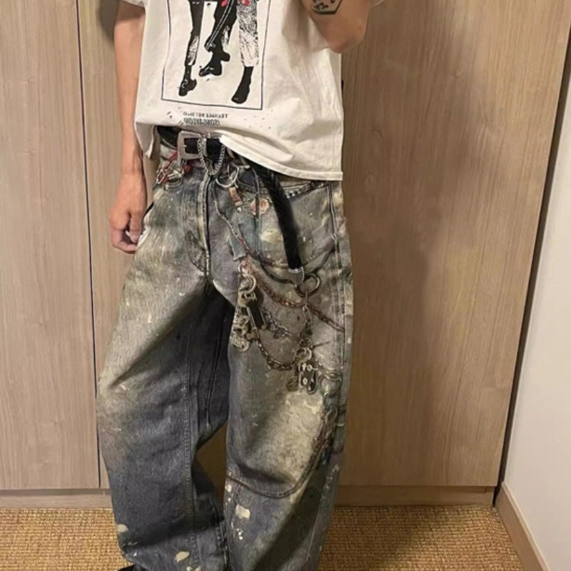 Printed Jeans Men's Loose Straight Personality All-match - Lootquake