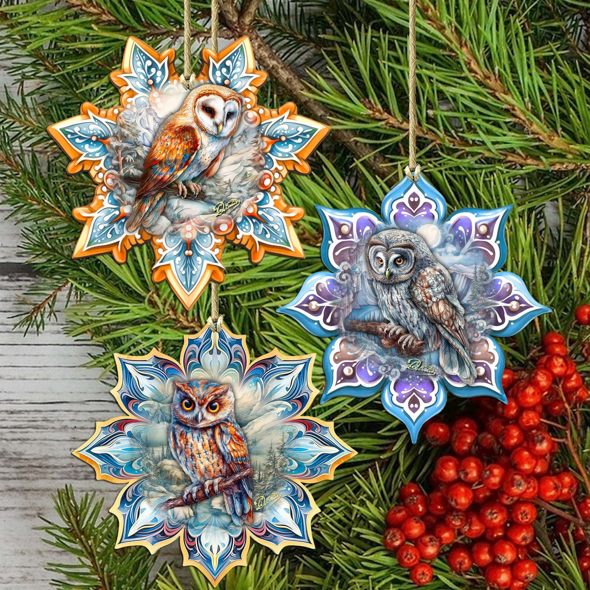 Owls Snowflake Wooden Ornaments Set of 3 by G. Debrekht - Nature Wildlife Decor - 8090152-S3