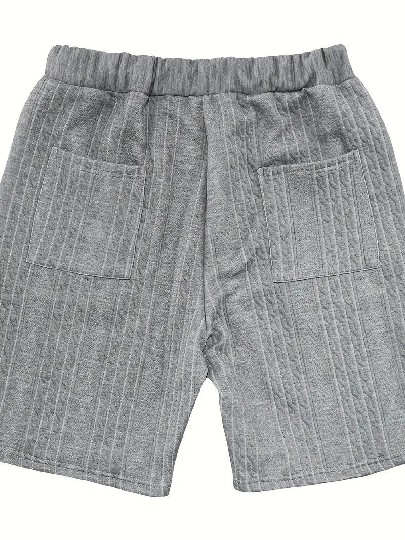 2pcs Men's Jacquard Solid Short Sleeve V Neck Shirt & Matching Drawstring Shorts Set, Summer Leisure Clothing - Lootquake