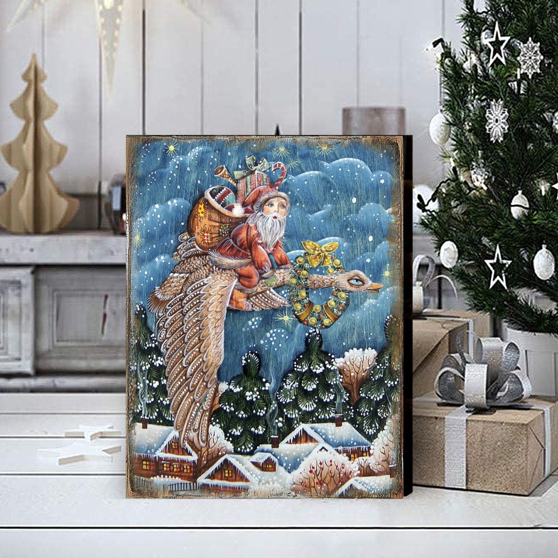 Christmas Goose Santa Wooden Wall Art by G. DeBrekht - Christmas Santa Snowman Decor - 81241130B