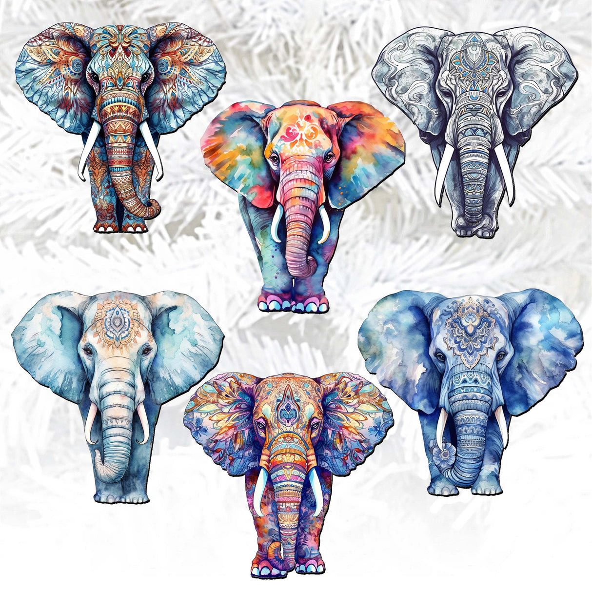 Elephants Decorative Wooden Clip-on Ornaments Set of 6 by G. Debrekht - Christmas Decor - 8090036C-S6