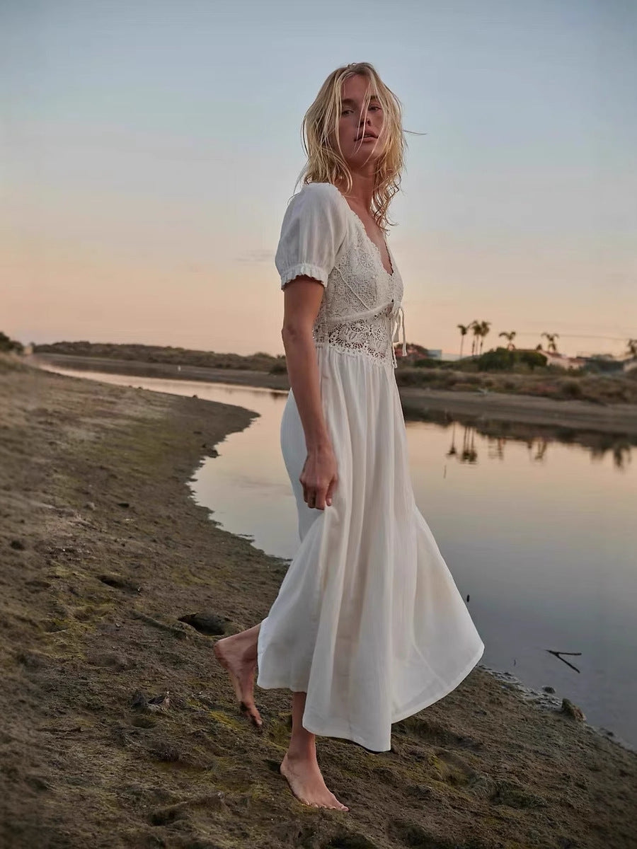 Vestido de algodón puro de manga corta con encaje y escote en V