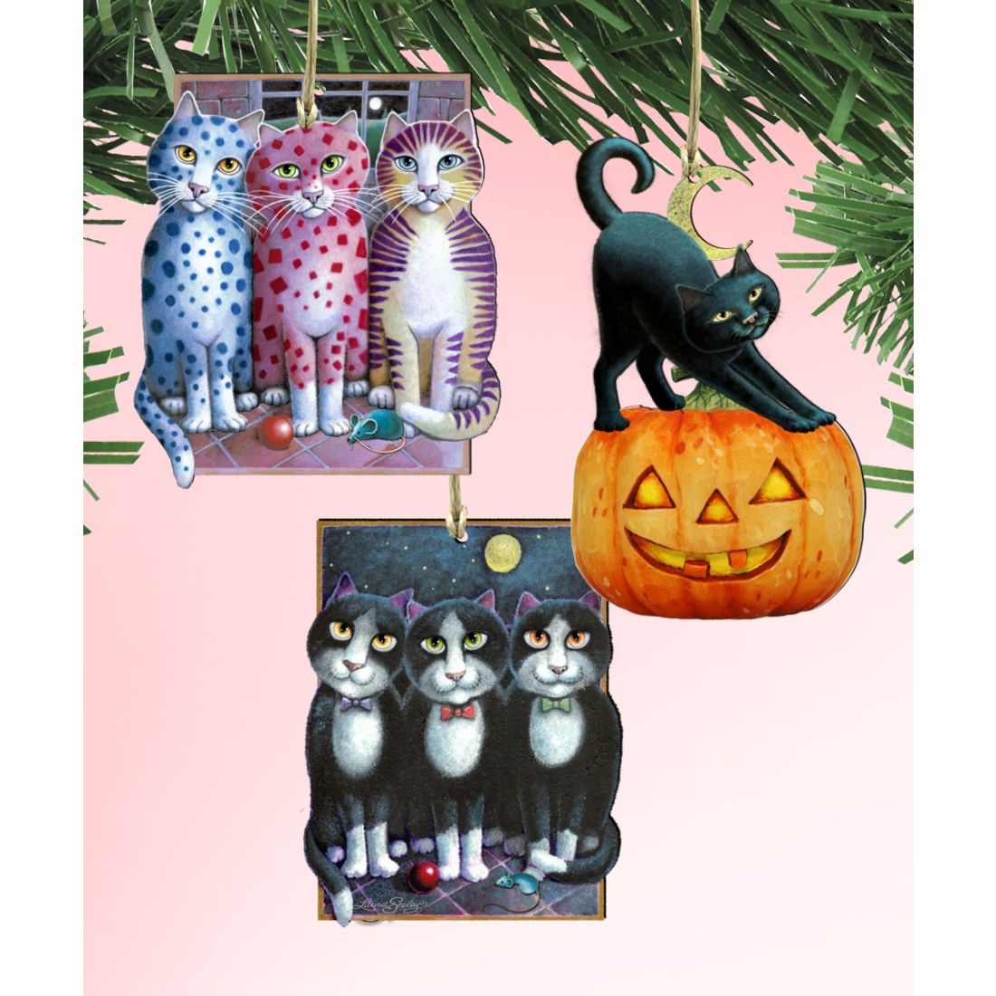 Juego de 3 adornos de madera con forma de gato para Halloween, de Laura Seeley - Decoración para Halloween y Acción de Gracias - 8100094S3-LS