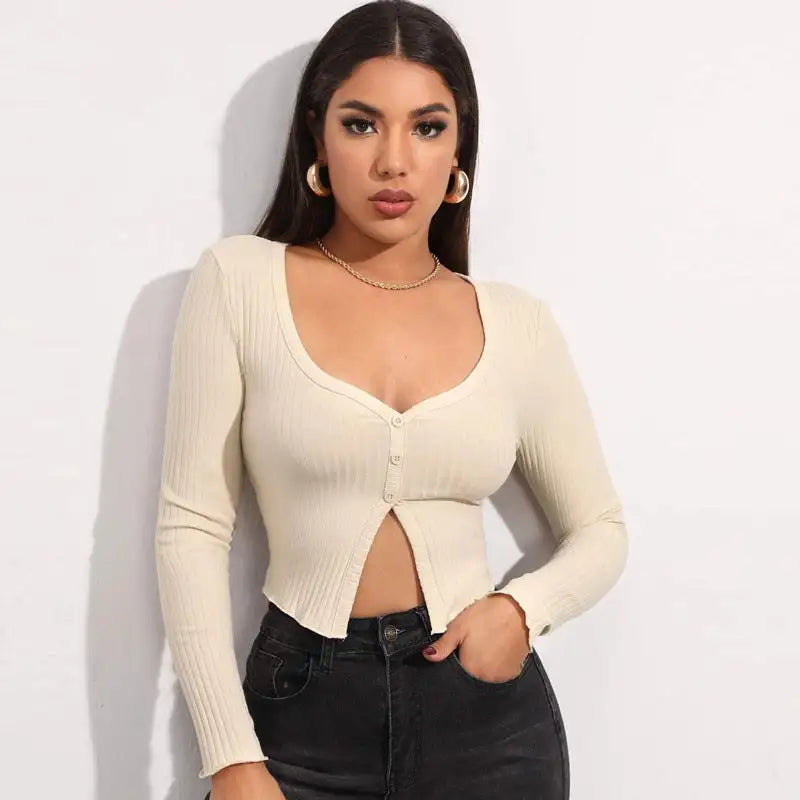 Long Sleeved Crop Cardigan Top Sexy Button Knit T-shirt - Lootquake