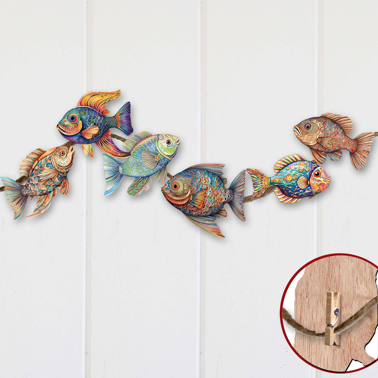 Coastal Fish Decorative Wooden Clip-on Ornaments Set of 6 by G. Debrekht - Coastal Decor - 8090034C-S6