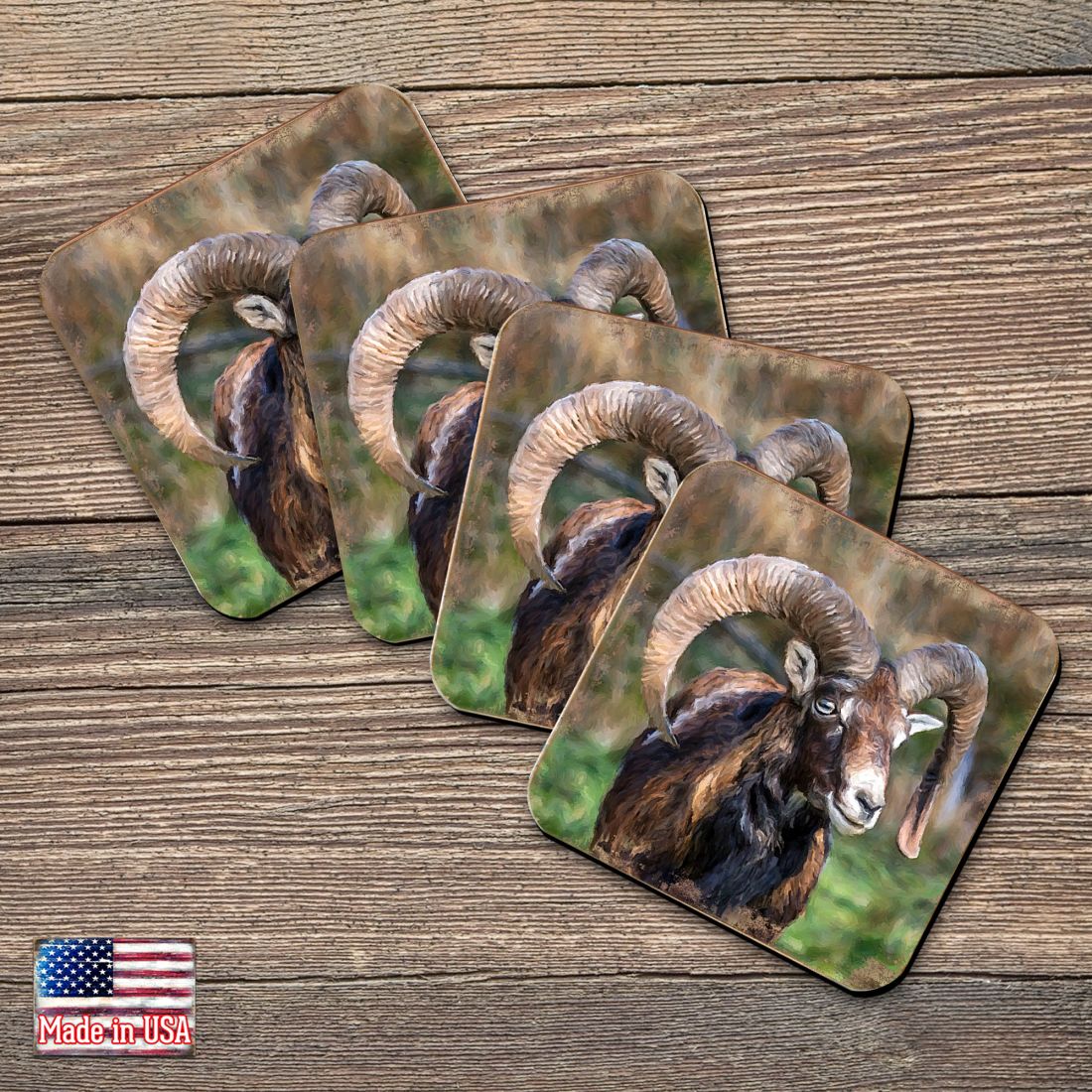 Mountain Goat Wooden Cork Coasters Gift Set of 4 by Nature Wonders - Nature Wildlife Decor - 95369C-S4