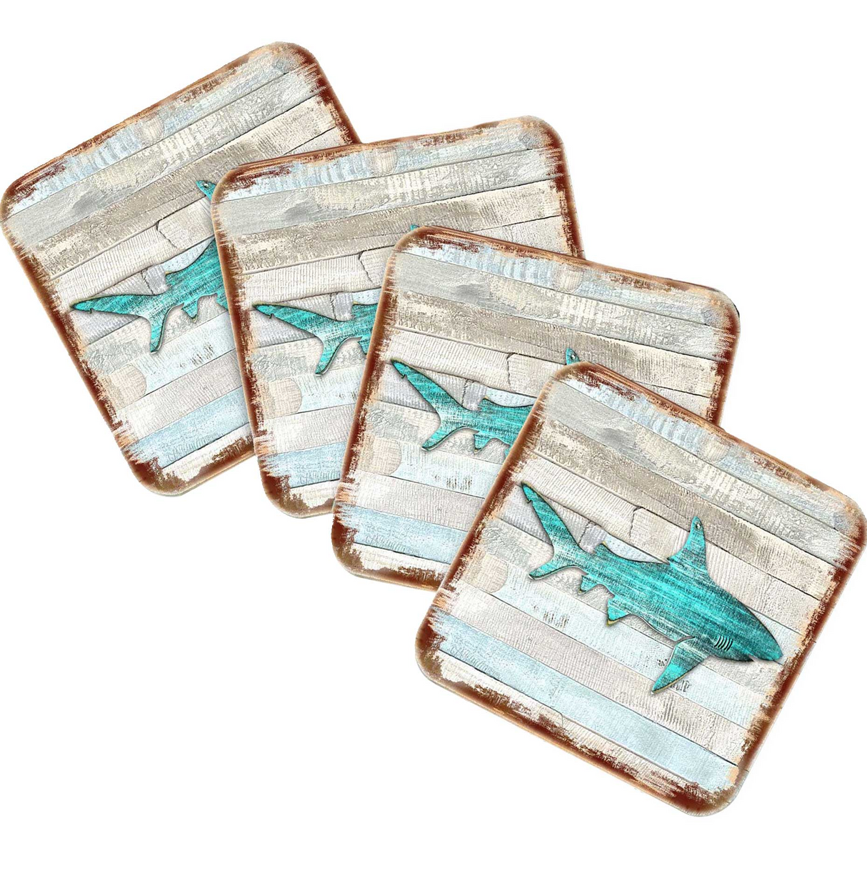 Juego de 4 posavasos de corcho de madera con diseño de tiburón de Nature Wonders - Decoración costera con temática marina - 8198515-9C-S4