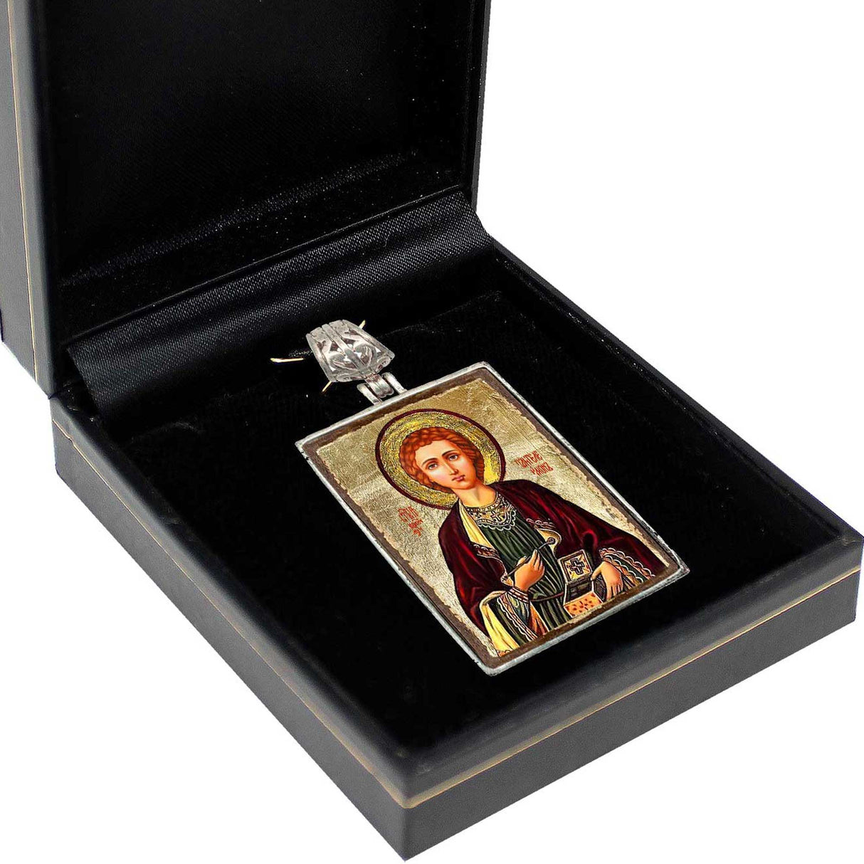 Saint Panteleimon Religious Jewelry Silver Plated Necklace, Gold-Plated Wooden Cabochon - Christian Sacred Icon - Inspirational Icon Decor - 43023R