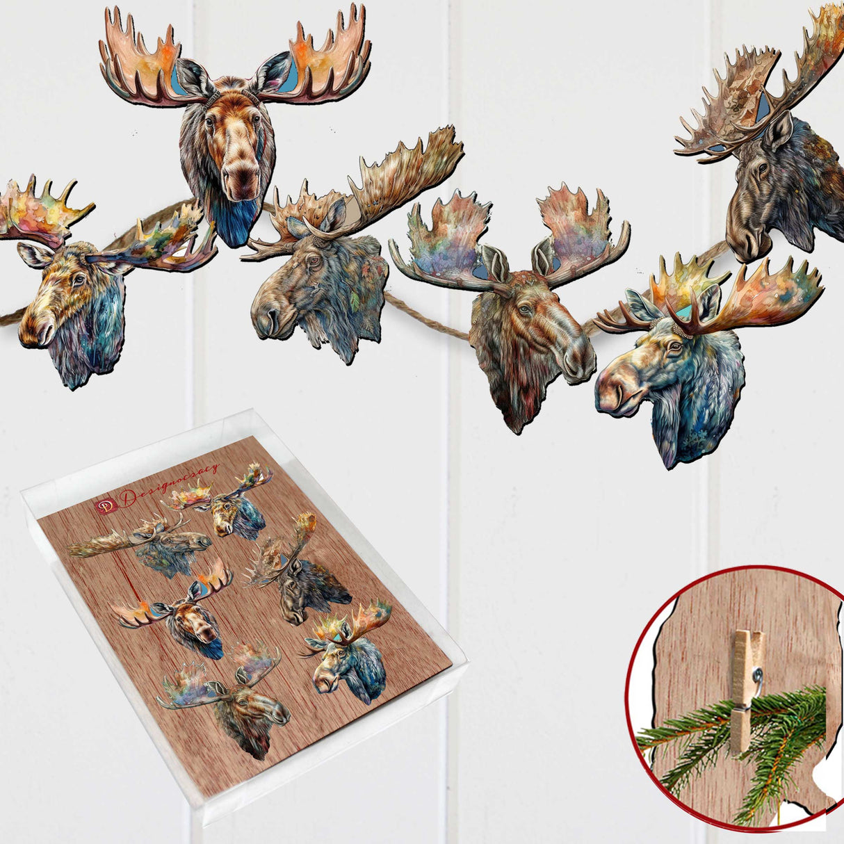 Majestic Moose Decorative Wooden Clip-on Ornaments Set of 6 by G. Debrekht - Wildlife Decor - 8090108C-S6