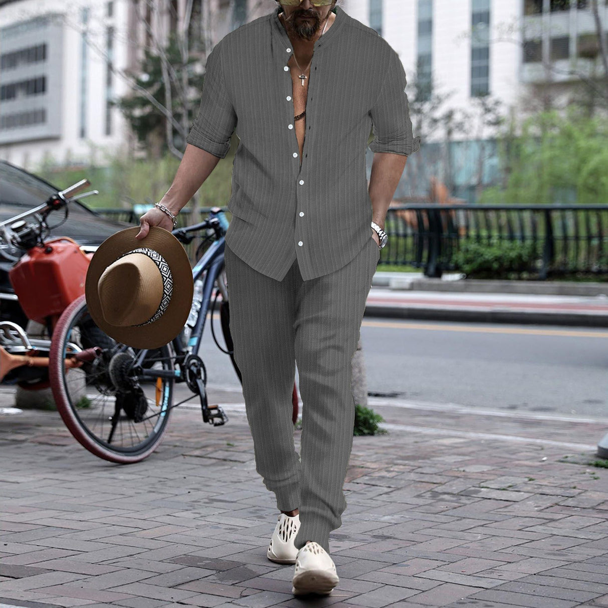 Men's Striped Hengli Collar Shirt Trousers - Lootquake