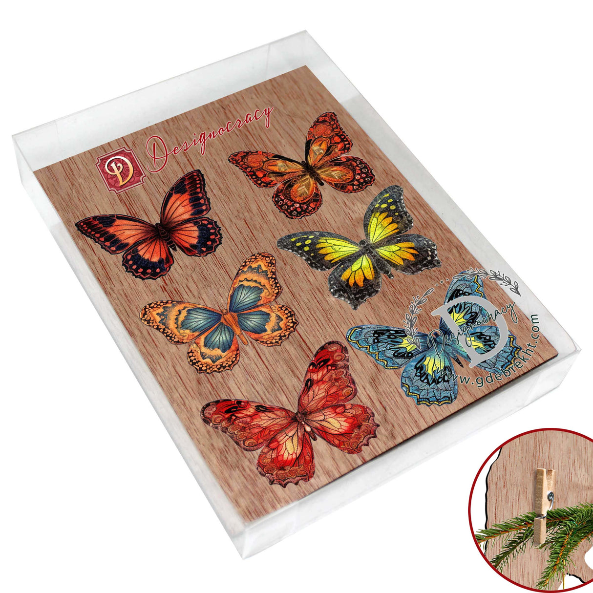 Summer Butterfly Decorative Wooden Clip-on Ornaments of 6 by G. Debrekht - Christmas Decor - 8090012-1C-S6