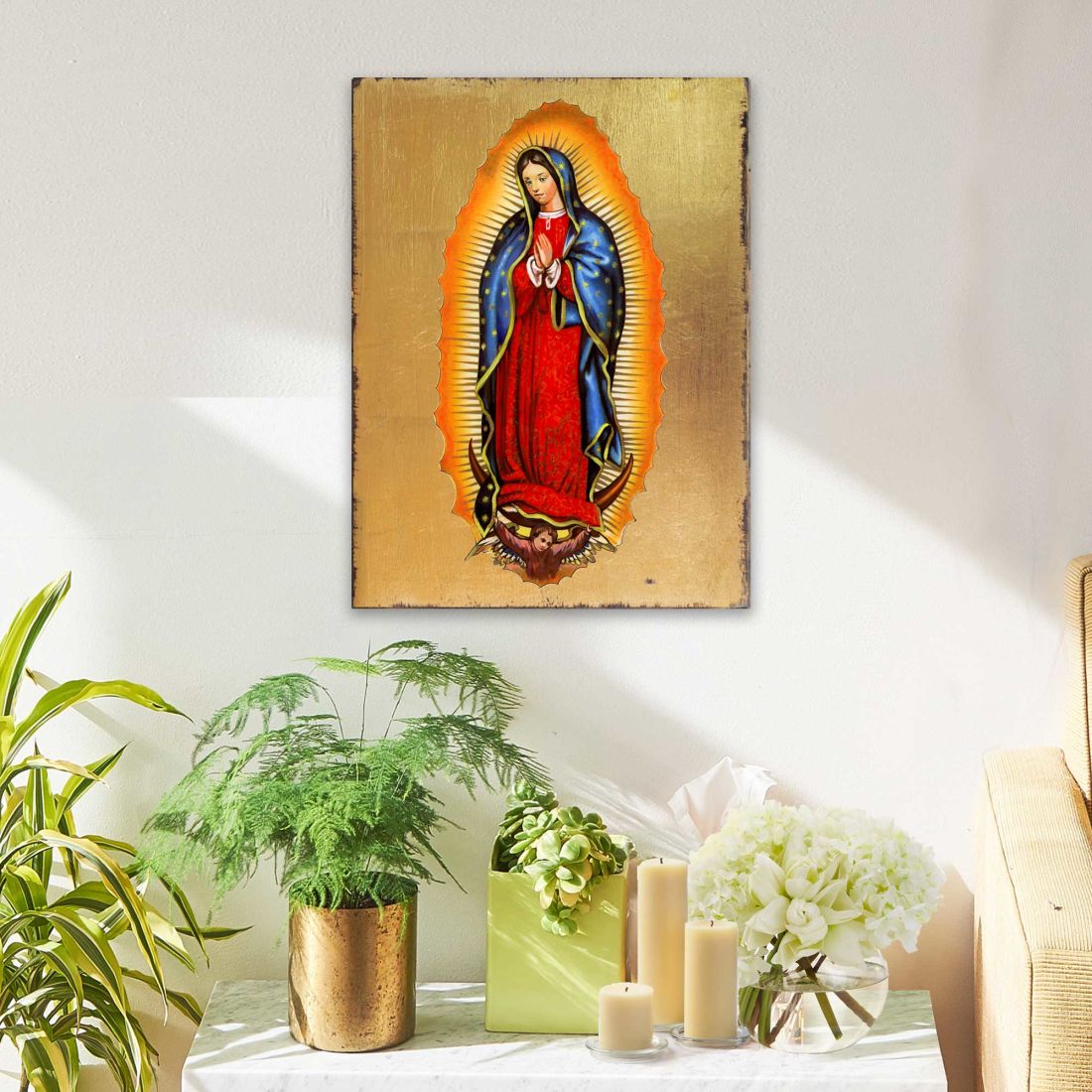 Icono sagrado católico religioso de madera de la Virgen de Guadalupe, bañado en oro - Decoración inspiradora - 85032