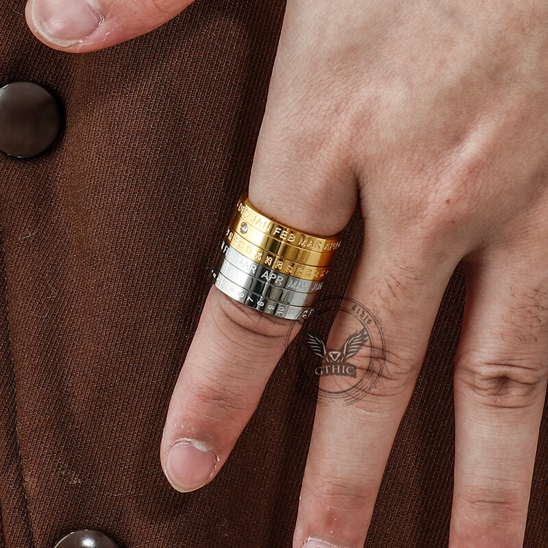 Anillo giratorio de acero inoxidable con diamantes y calendario