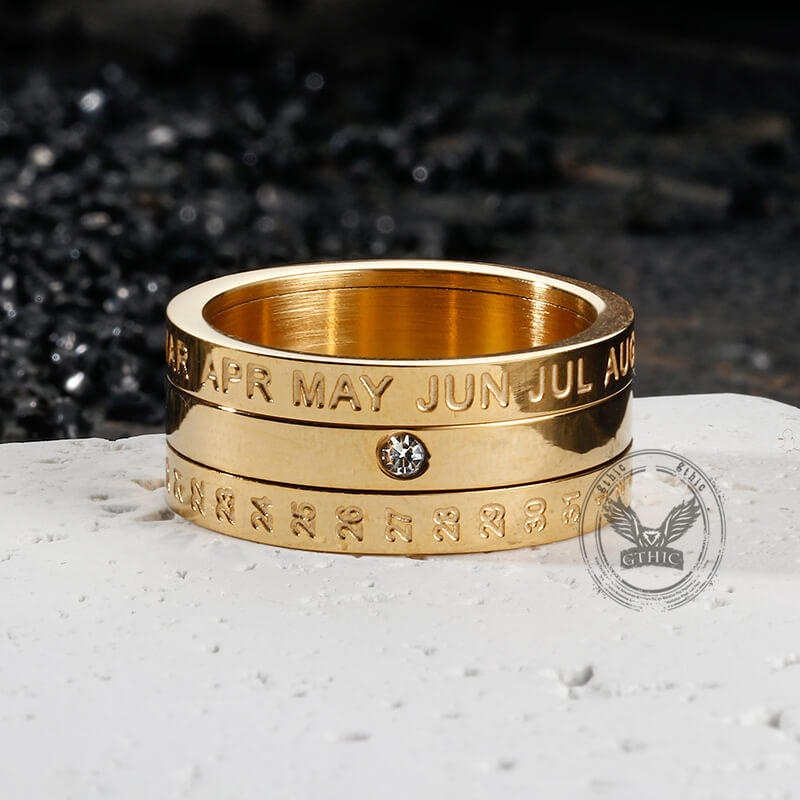 Anillo giratorio de acero inoxidable con diamantes y calendario