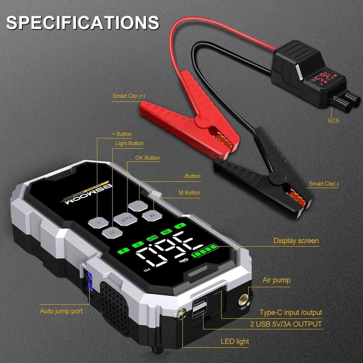 CarJump Pro Jump Starter & Air Compressor - 6000A Power, 21800mAh Capacity, LCD Screen for Effortless Car Battery Boosting