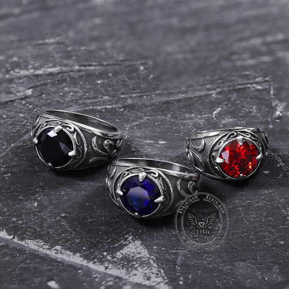 Anillo de acero inoxidable con piedras preciosas talladas