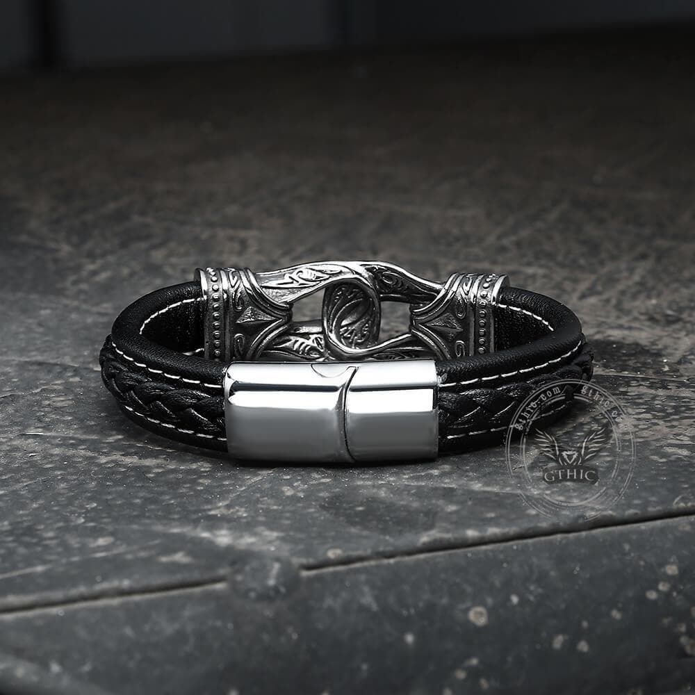 Pulsera de cuero de acero inoxidable vikingo tallada