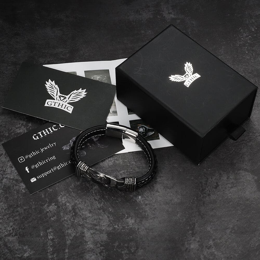Pulsera de cuero de acero inoxidable vikingo tallada