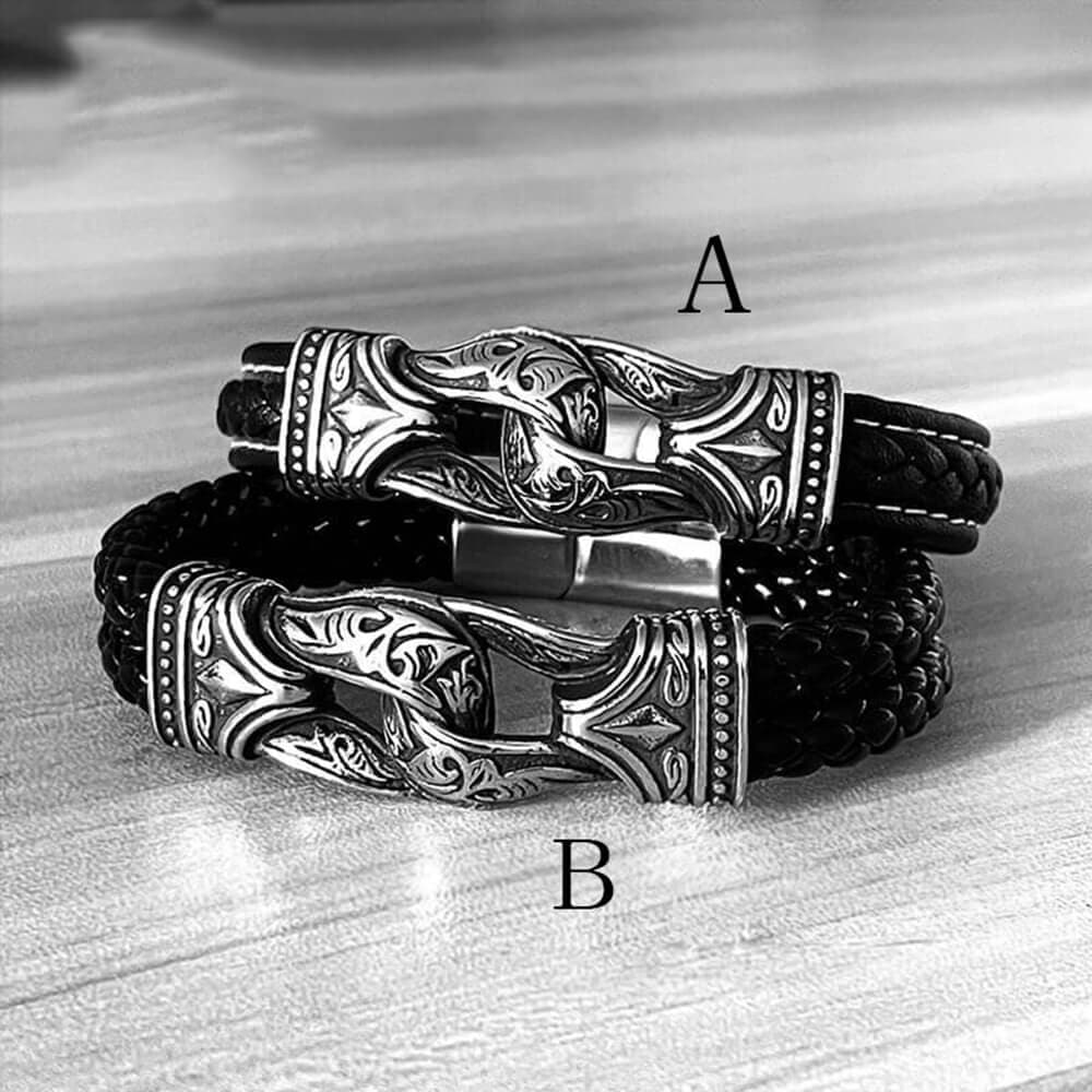 Pulsera de cuero de acero inoxidable vikingo tallada