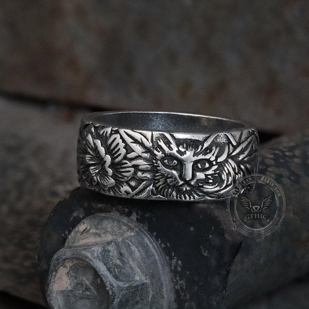 Anillo de aleación con diseño de gato y flores