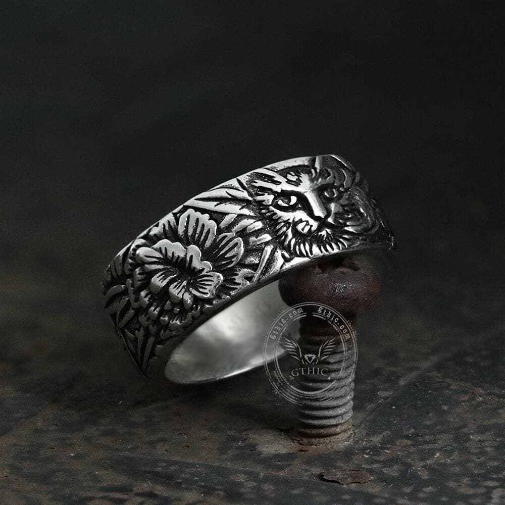 Anillo de aleación con diseño de gato y flores