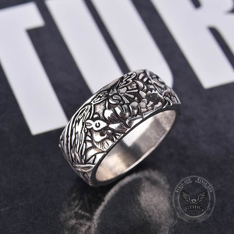 Anillo de aleación con diseño de gato y flores