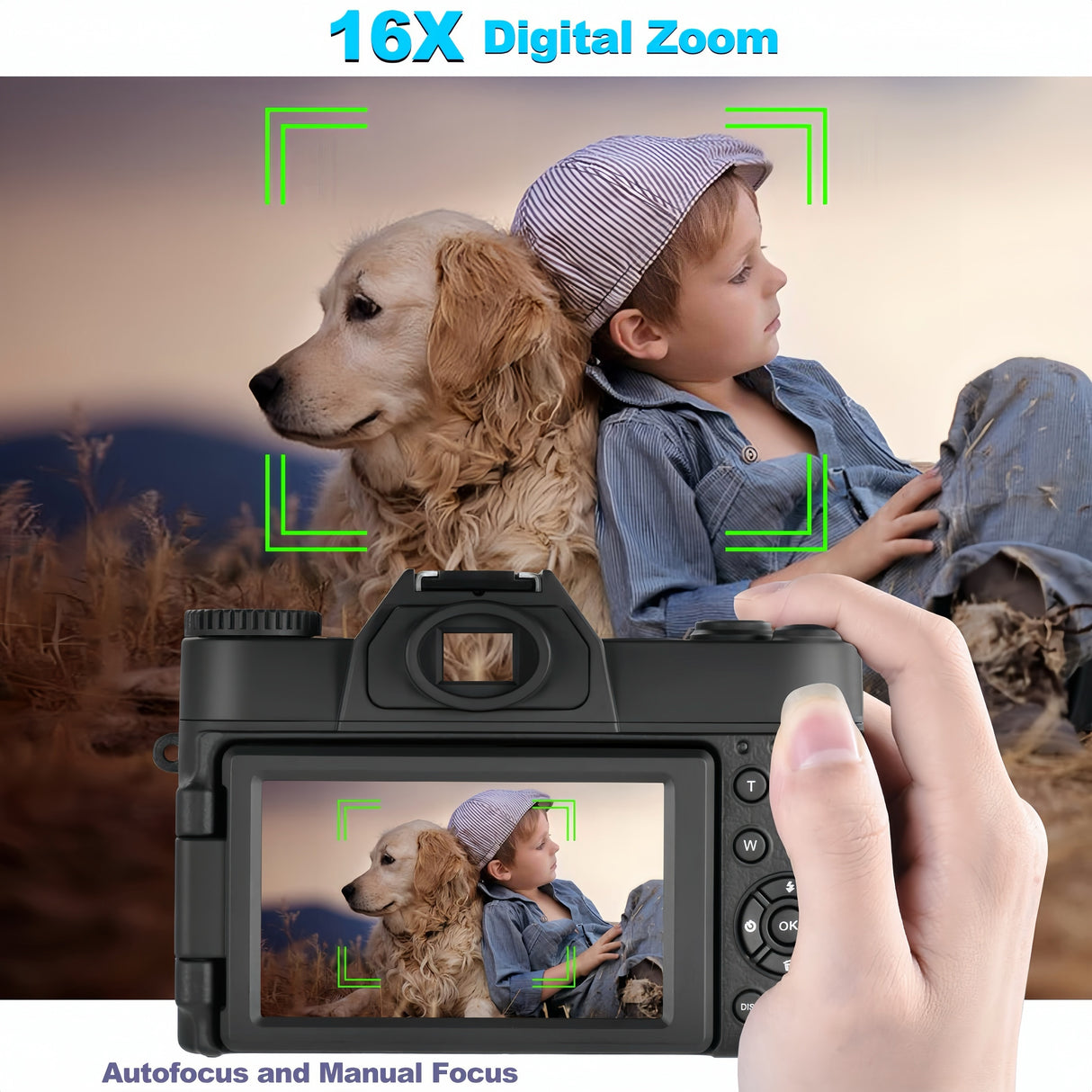 Cámara digital 4K de 48 MP y 16 aumentos con enfoque automático para fotografía y video, con wifi, pantalla IPS abatible de 3" y 180°, antivibración, compacta para vlogs, con tarjeta de 32 GB y 2 baterías.