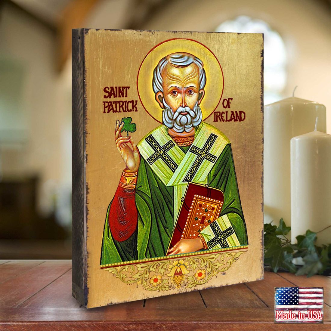 Icono religioso cristiano sagrado de San Patricio de madera bañado en oro - Decoración celta - 85060