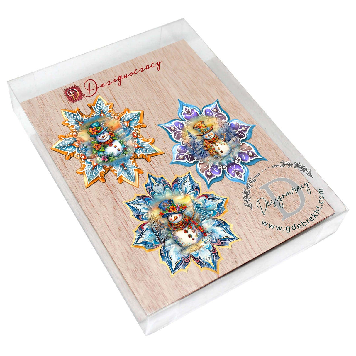 Juego de 3 adornos de madera con forma de muñeco de nieve y copos de nieve de G. Debrekht - Decoración navideña - 8090149-S3