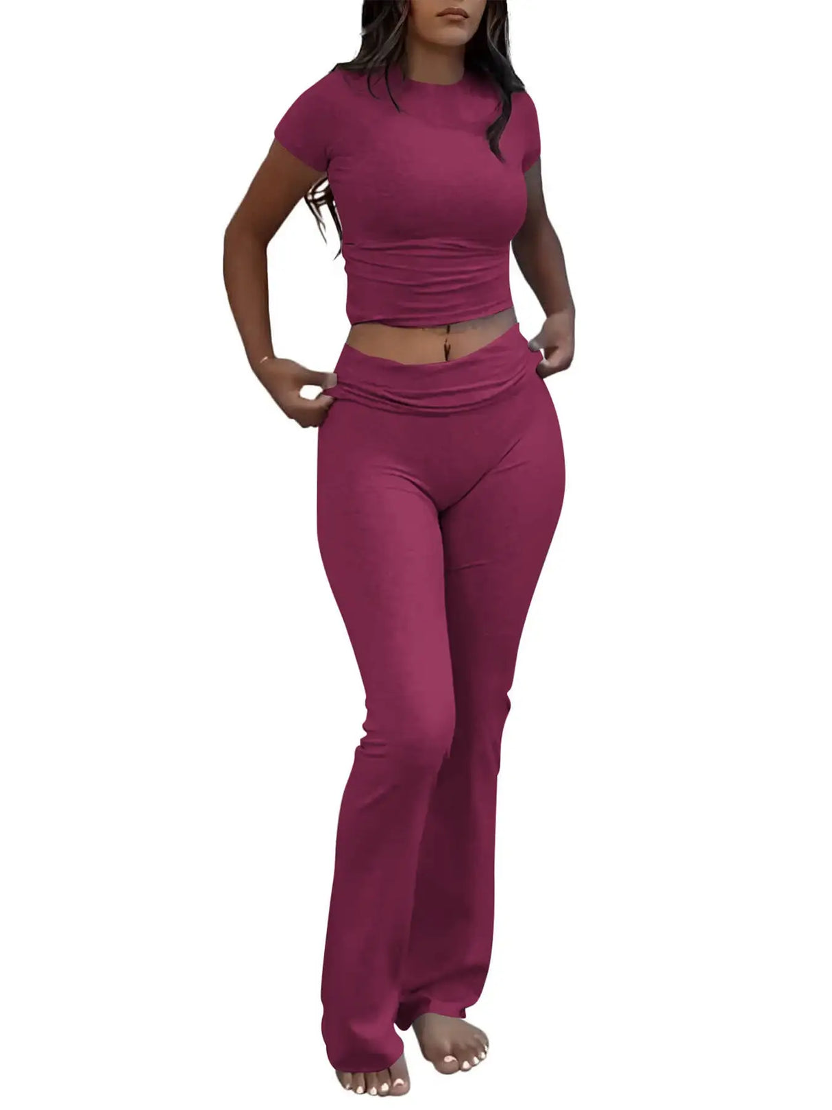 Casual Solid Color Slim Fit Two-piece Pants Set, Short Sleeved Round Neck T-shirt And Tight Flared Pants Sports Pants Clothing, Women's Clothing - Lootquake