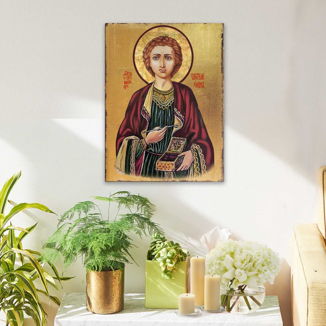 Icono sagrado ortodoxo religioso de madera bañado en oro de San Pantaleón - Decoración inspiradora - 85023