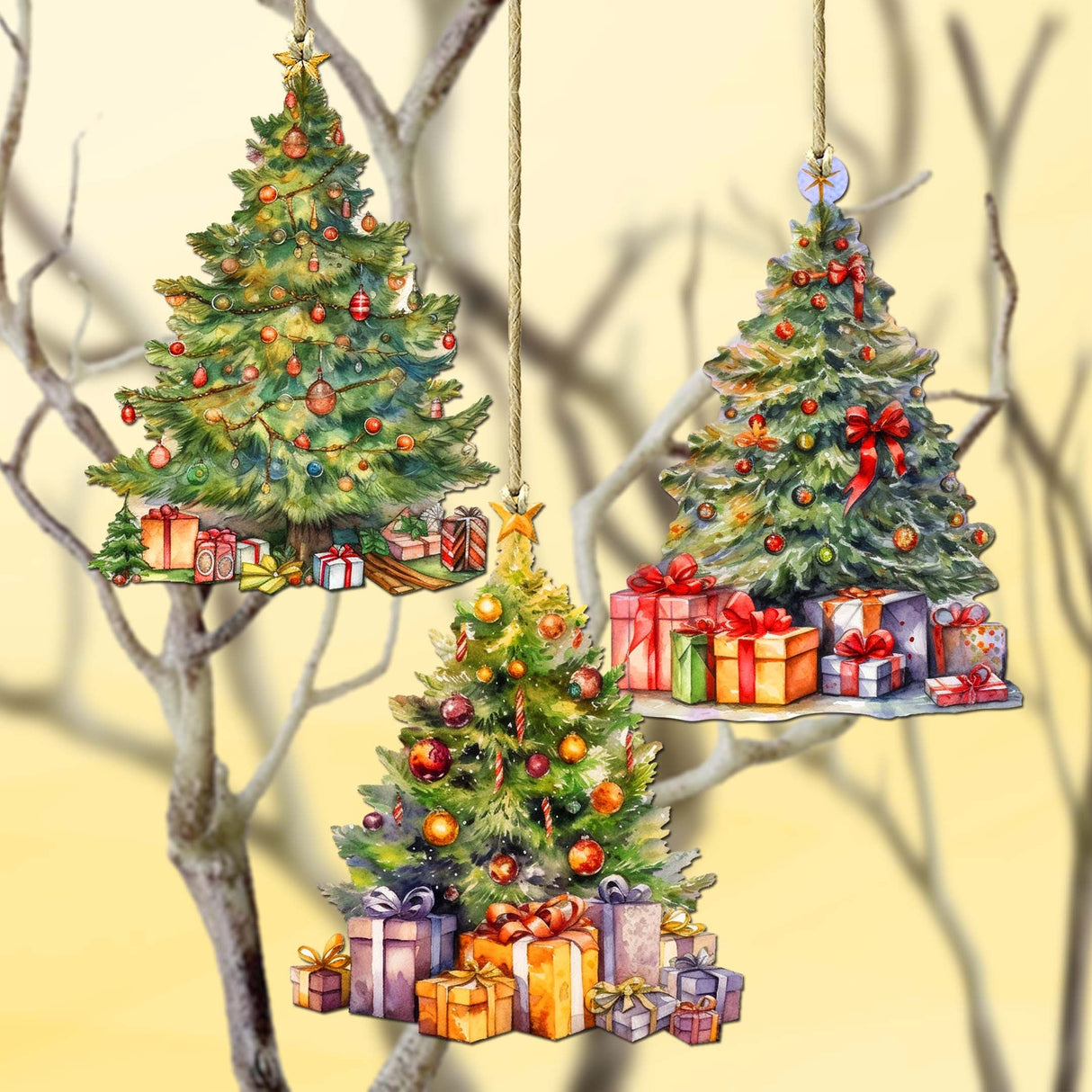 Christmas Tree Decorative Wooden Ornaments Set of 3 by G. Debrekht - Christmas Decor - 8091044-S3