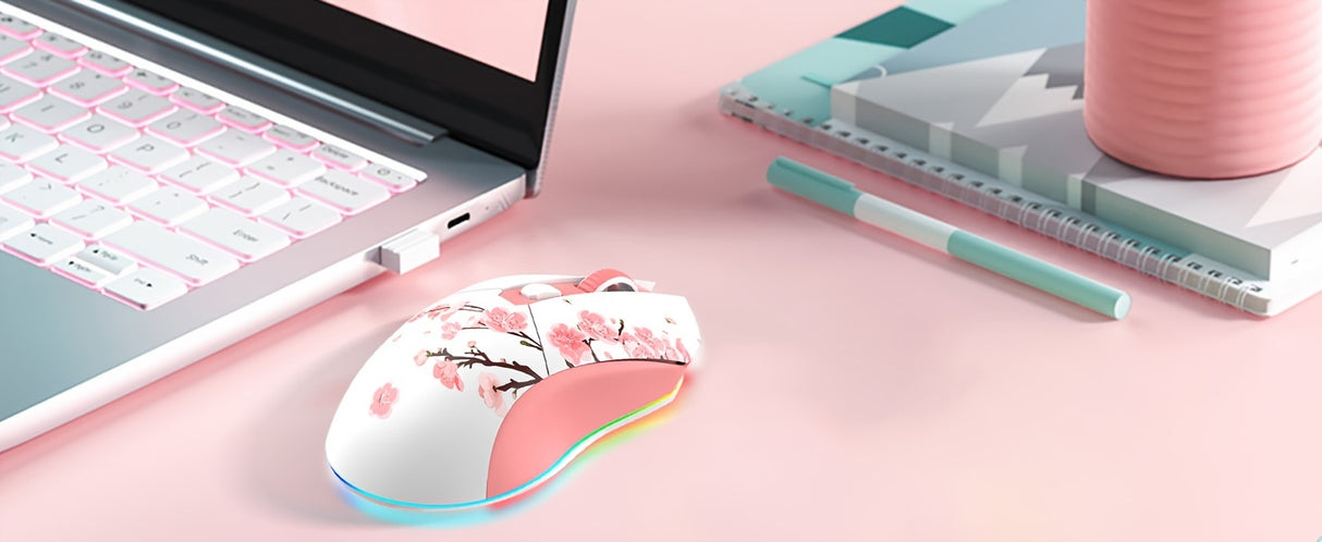 DAREU Sakura Pink Wireless Gaming Mouse - 12K DPI, RGB Rechargeable, 7 Programmable Buttons, Charging Dock Stand, Dual Mode for PC/Laptop/Mac - The Perfect Gift for Birthdays, Valentines, Halloween, Easter, and Girlfriends